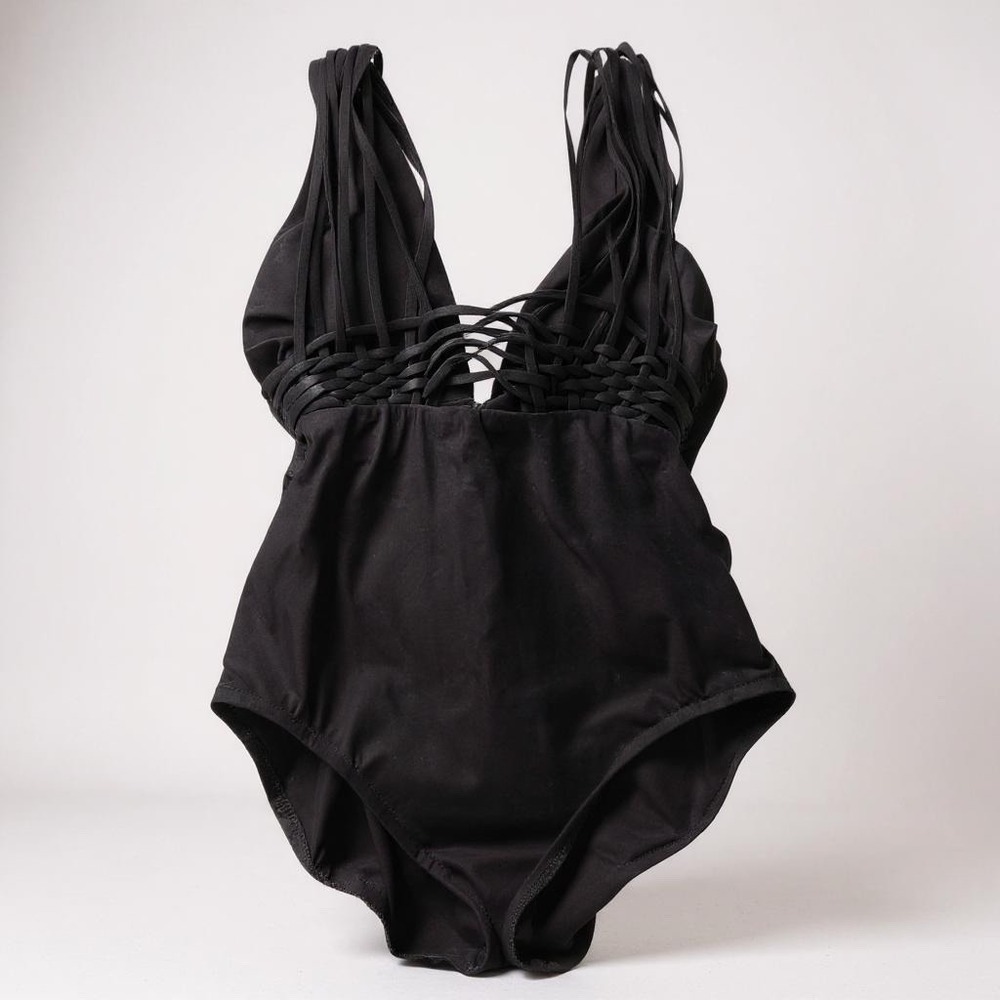 Badgley Mischka Black One Piece Swimsuit Plunge Braided Straps Size‎ 6